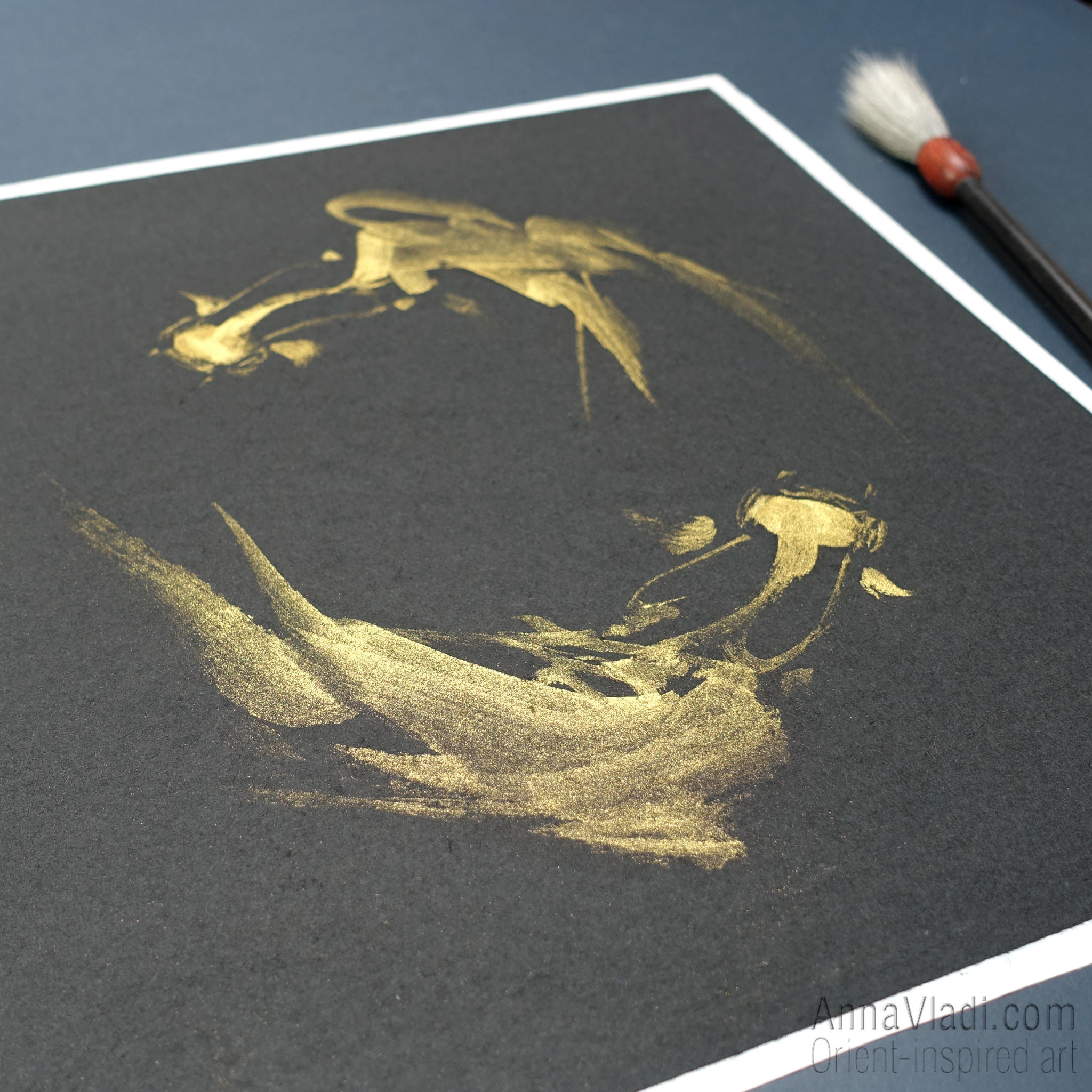 Goldfish in Circle — original painting in golden Japanese ink