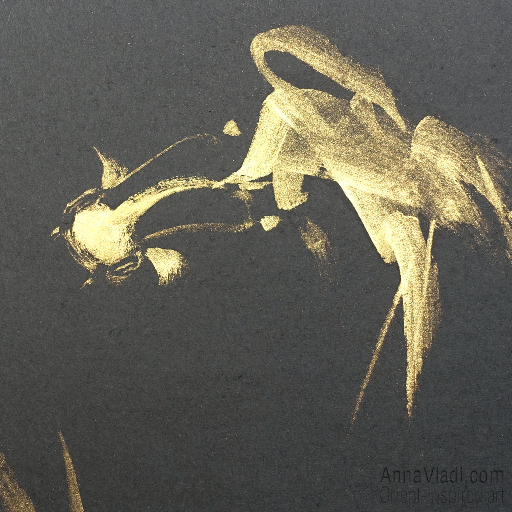Goldfish in Circle — original painting in golden Japanese ink