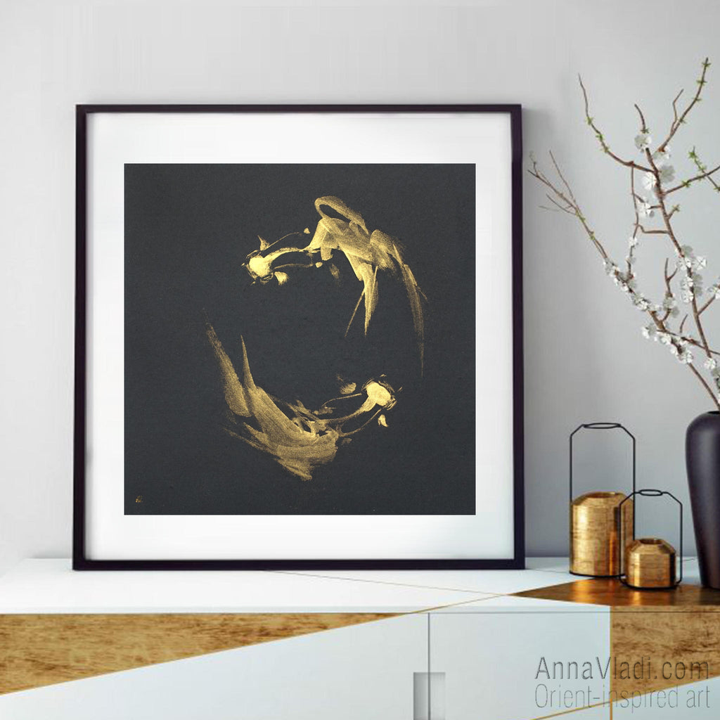 Goldfish in Circle — original painting in golden Japanese ink