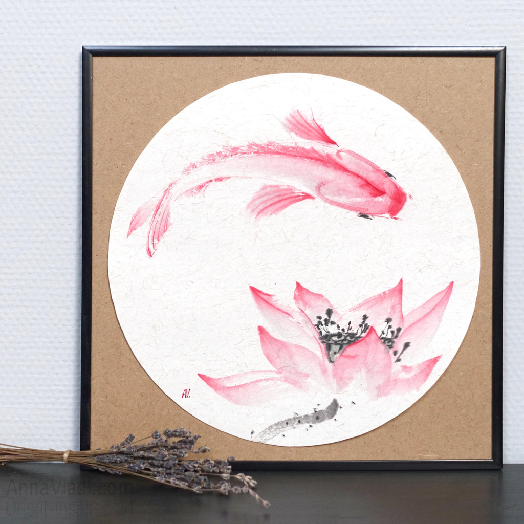 Koi Fish and Lotus Painting – Sumi-e Art on Japanese Rice Paper, Round