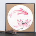 Koi Fish and Lotus Painting – Sumi-e Art on Japanese Rice Paper, Round