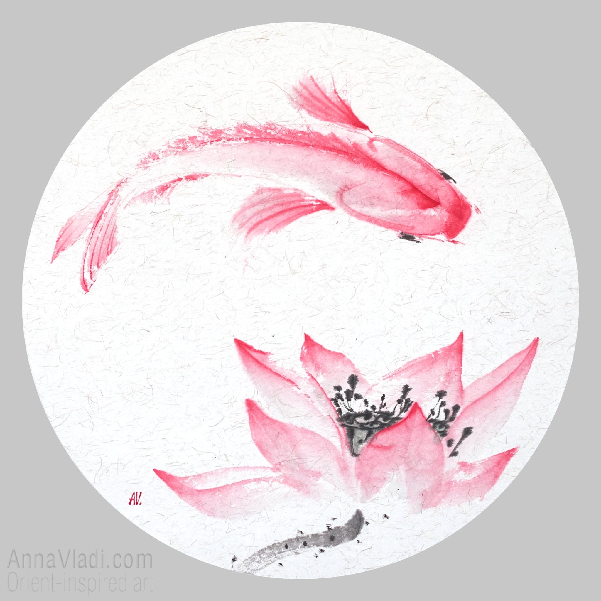 Koi Fish and Lotus Painting – Sumi-e Art on Japanese Rice Paper, Round