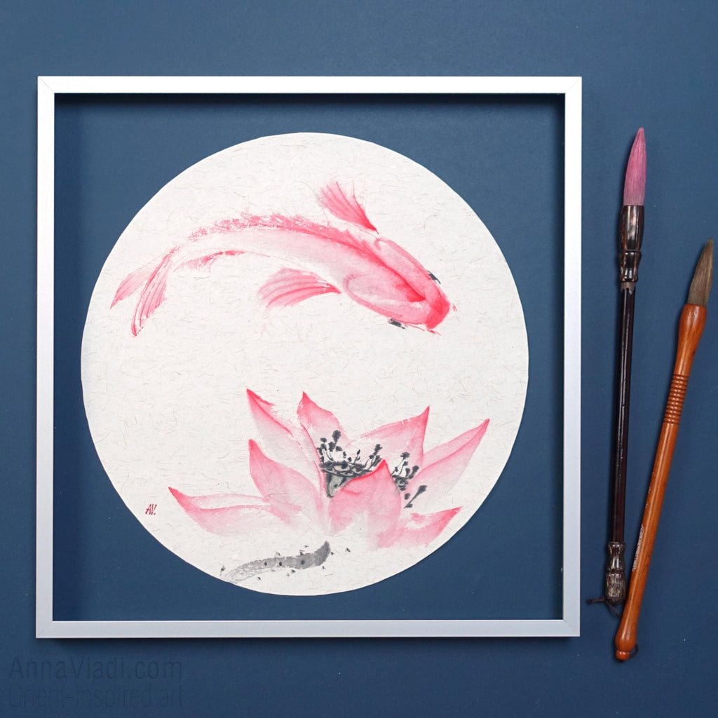 Koi Fish and Lotus Painting – Sumi-e Art on Japanese Rice Paper, Round