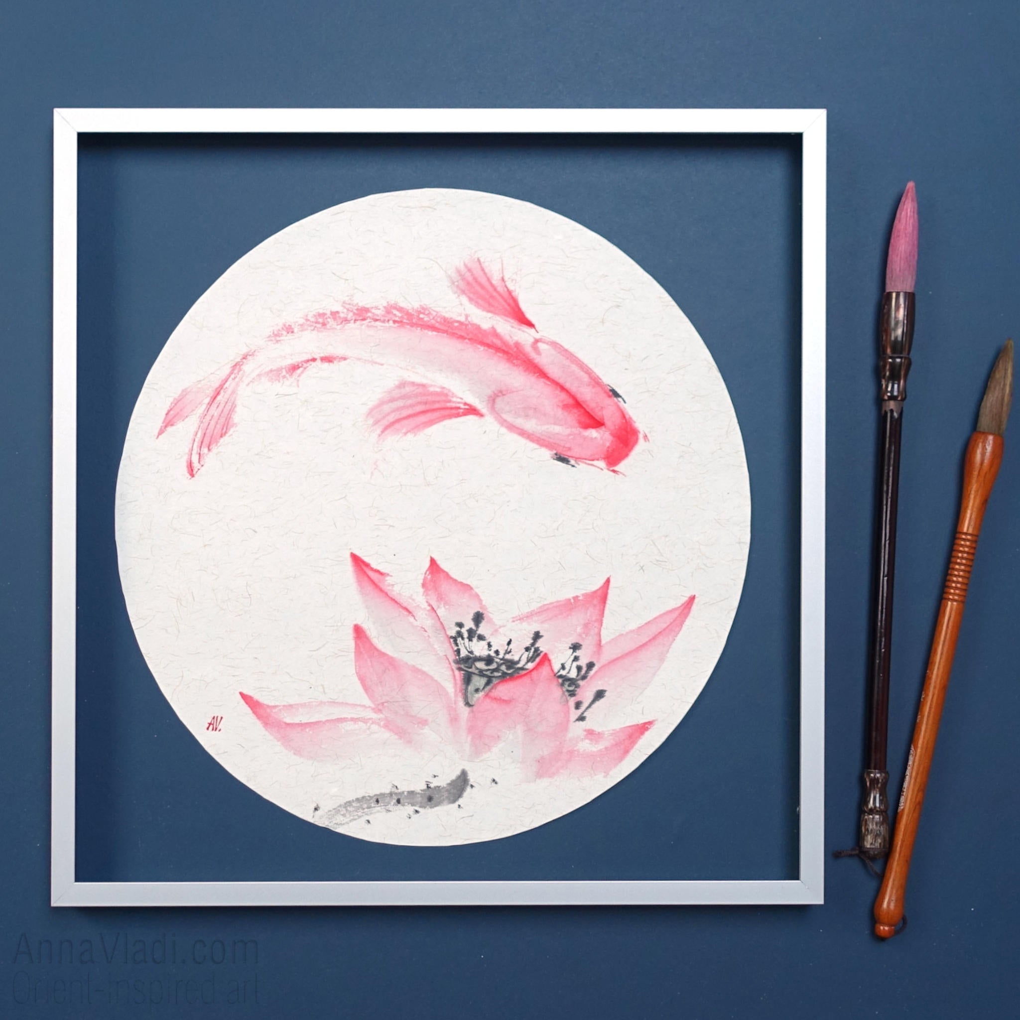 Koi Fish and Lotus Painting – Sumi-e Art on Japanese Rice Paper, Round