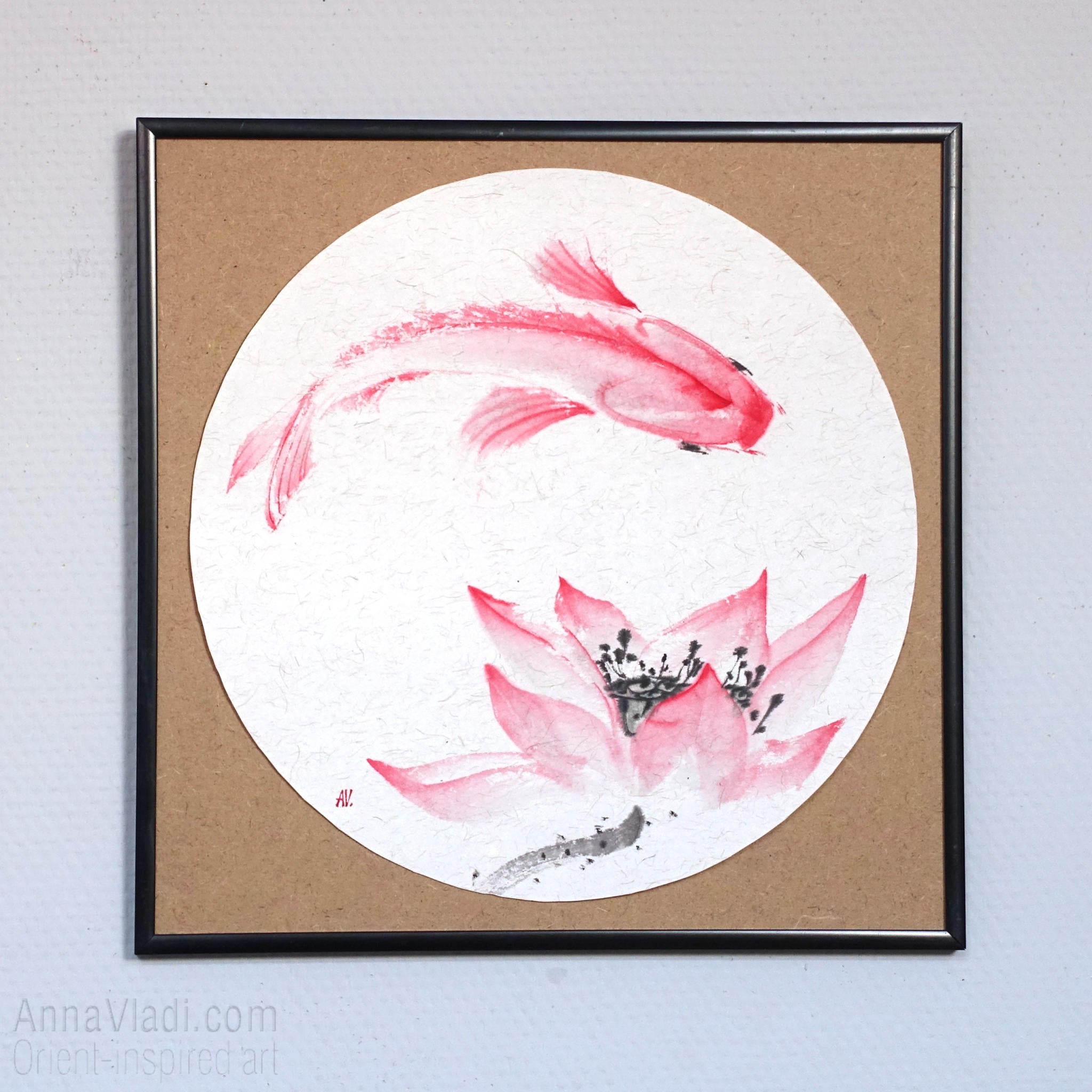 Koi Fish and Lotus Painting – Sumi-e Art on Japanese Rice Paper, Round
