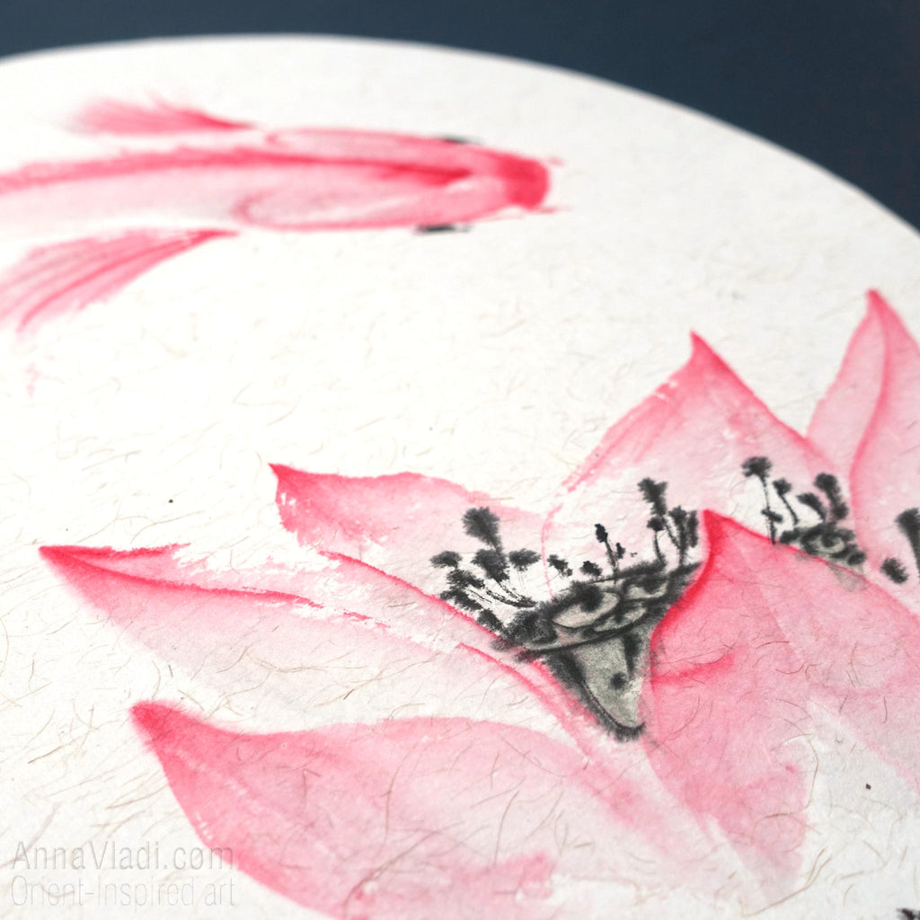Koi Fish and Lotus Painting – Sumi-e Art on Japanese Rice Paper, Round