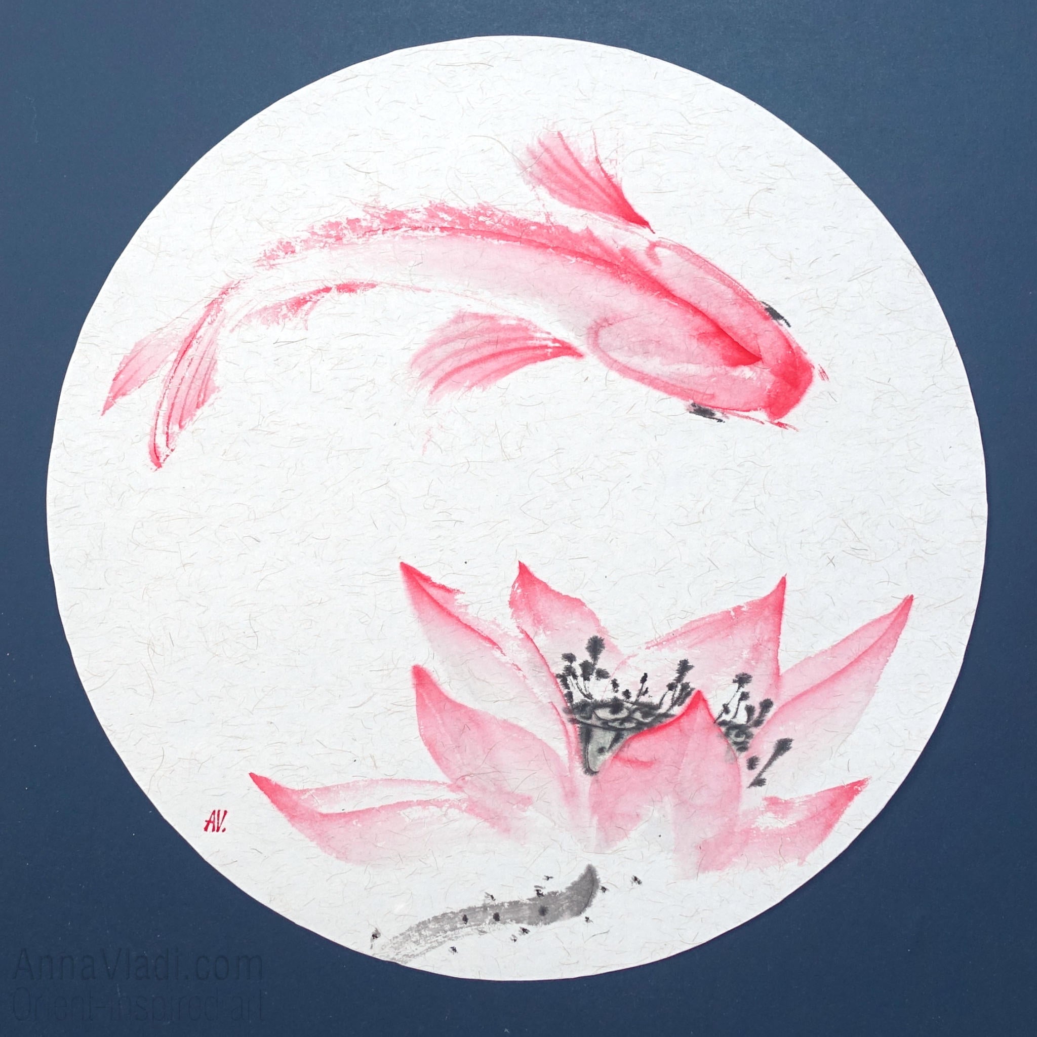 Koi Fish and Lotus Painting – Sumi-e Art on Japanese Rice Paper, Round