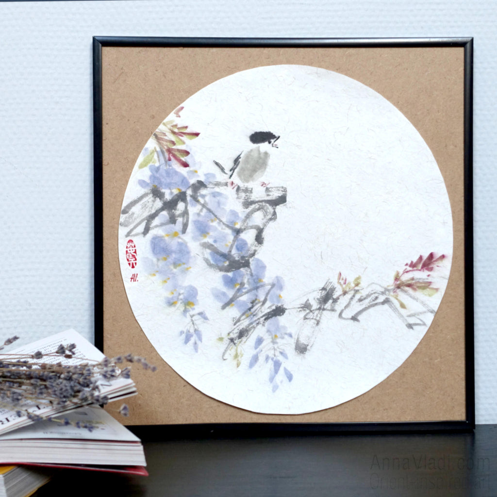 Wisteria and Sparrow Painting – Oriental Sumi-e Art