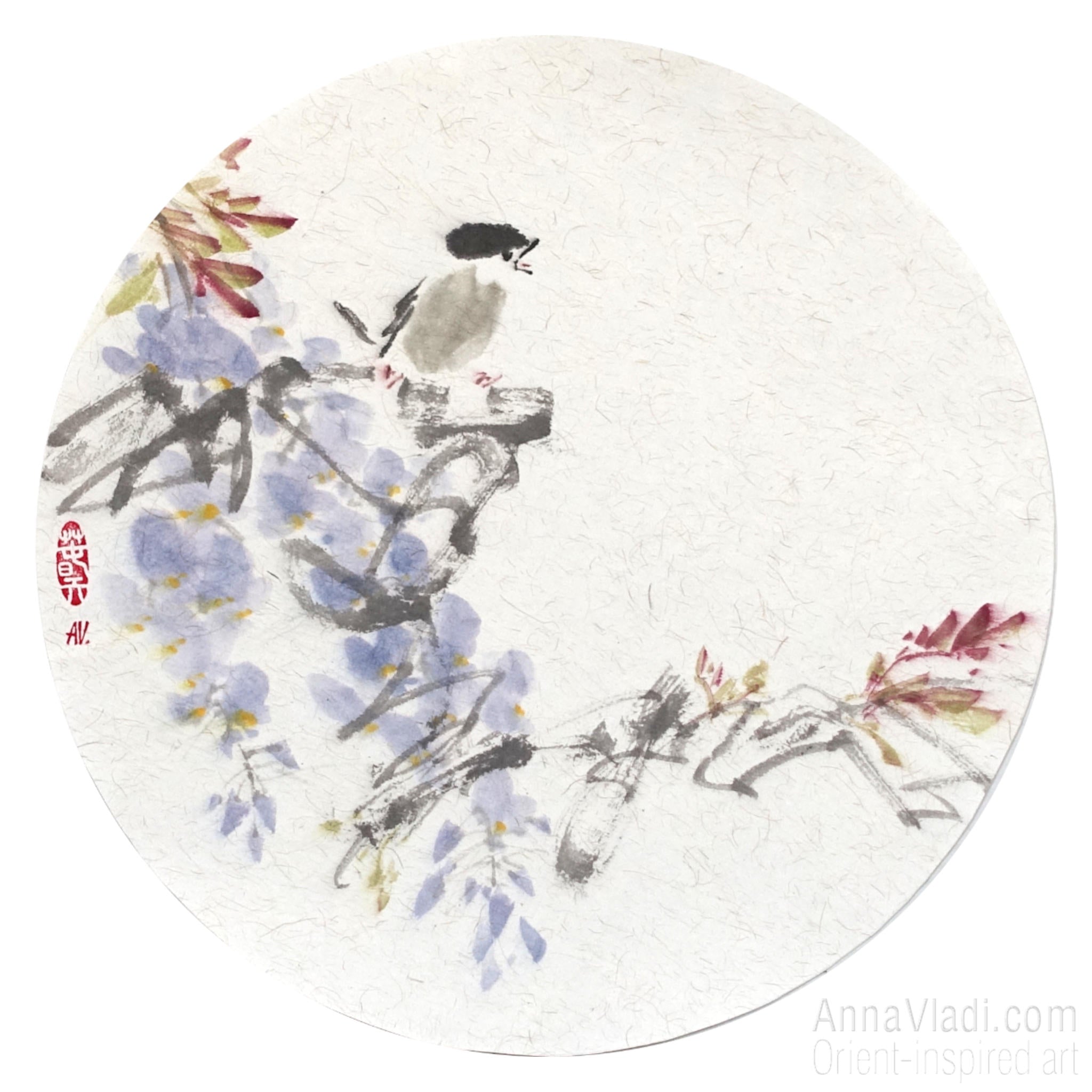 Wisteria and Sparrow Painting – Oriental Sumi-e Art