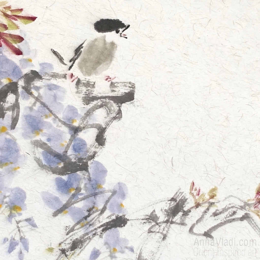 Wisteria and Sparrow Painting – Oriental Sumi-e Art