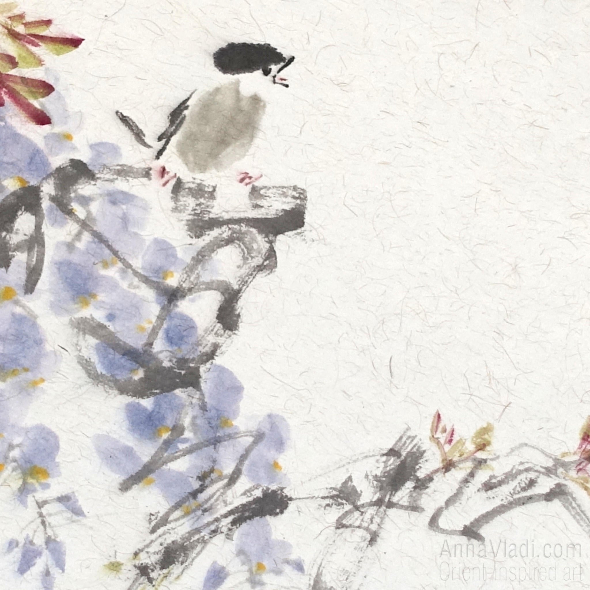 Wisteria and Sparrow Painting – Oriental Sumi-e Art