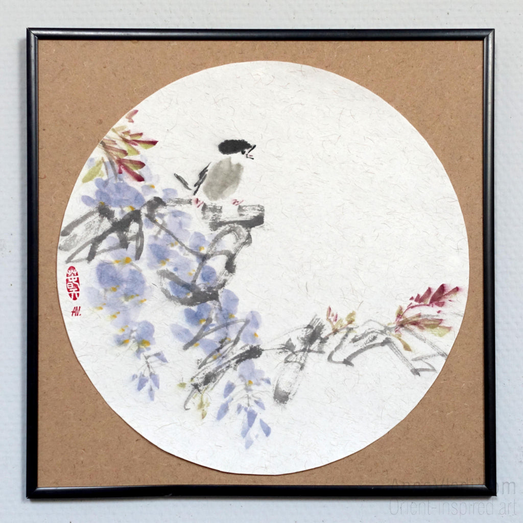 Wisteria and Sparrow Painting – Oriental Sumi-e Art