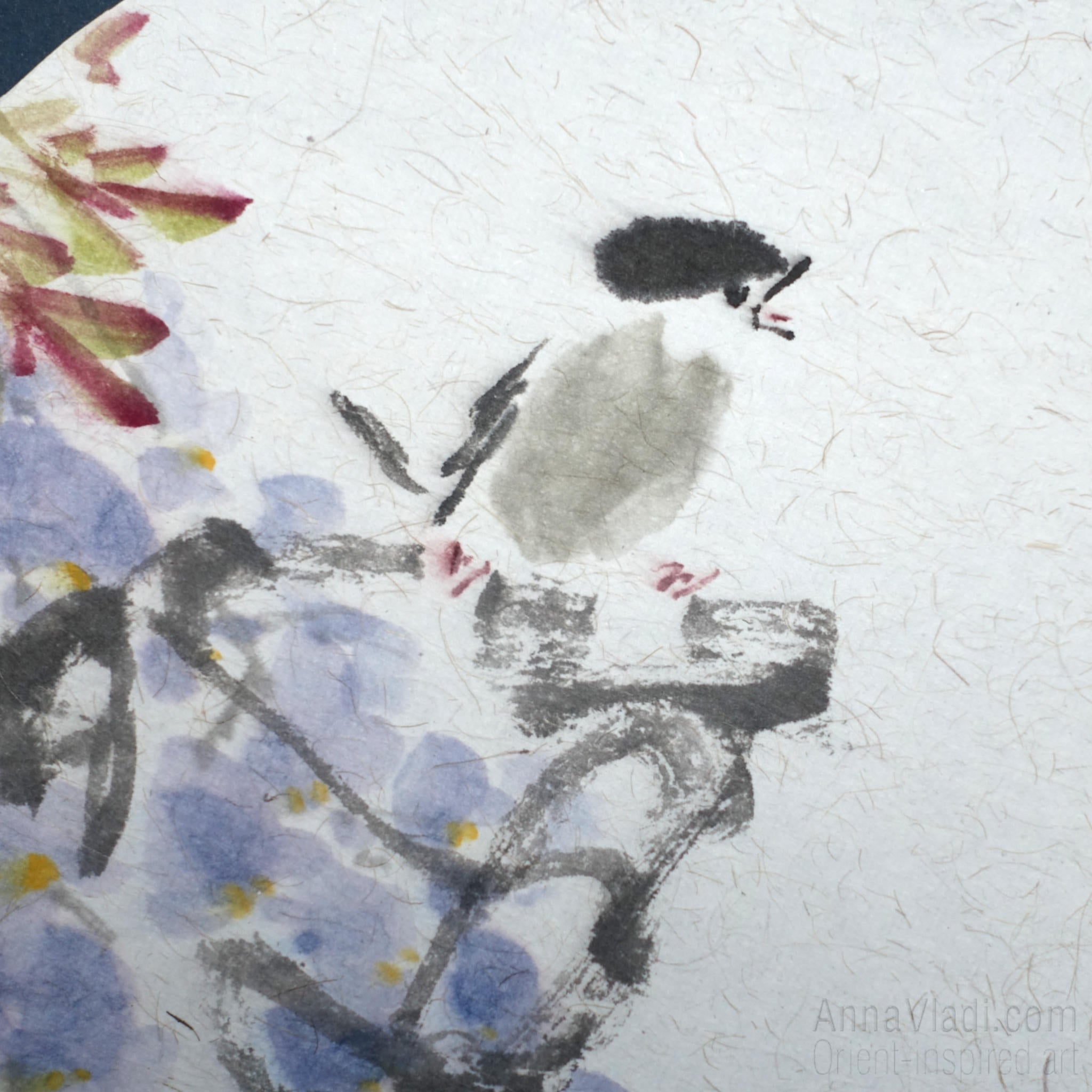 Wisteria and Sparrow Painting – Oriental Sumi-e Art
