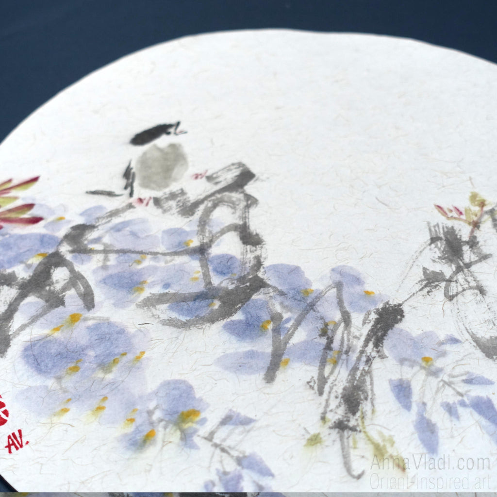 Wisteria and Sparrow Painting – Oriental Sumi-e Art