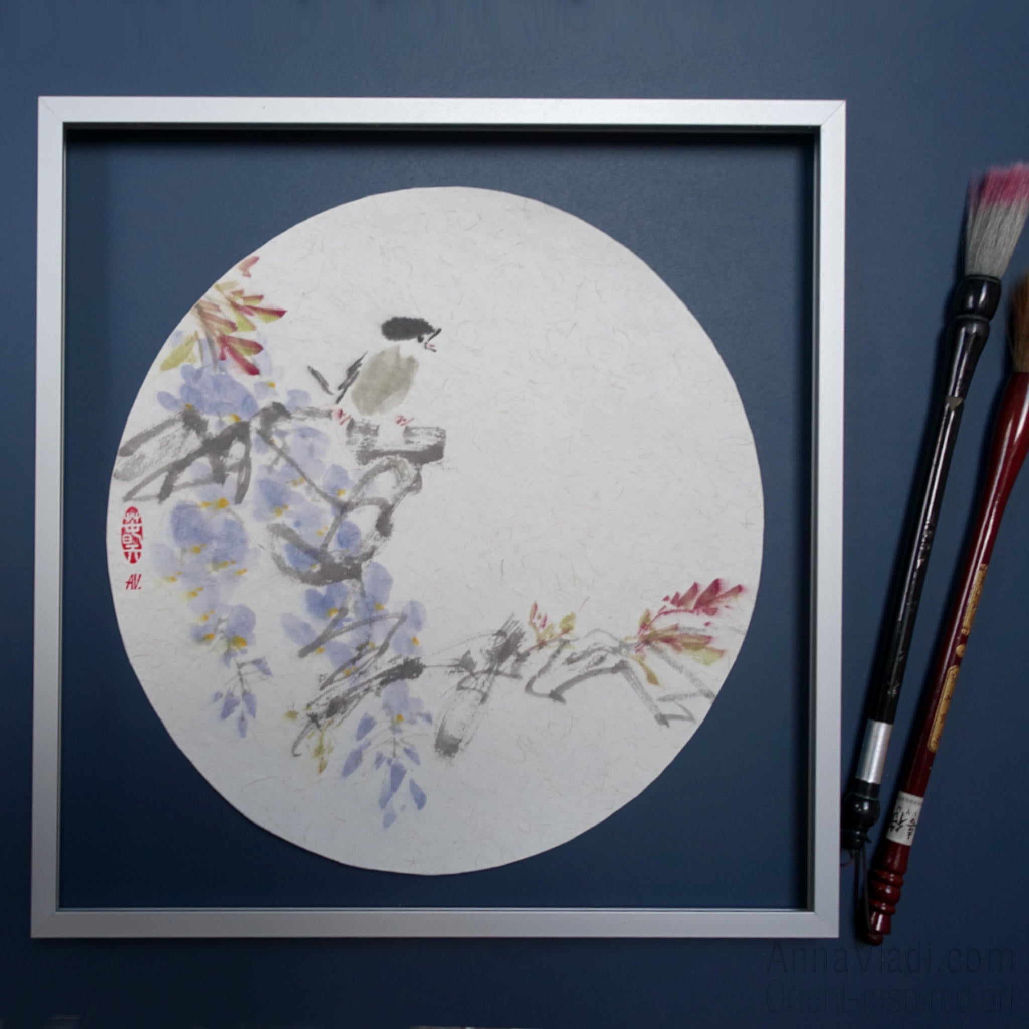 Wisteria and Sparrow Painting – Oriental Sumi-e Art