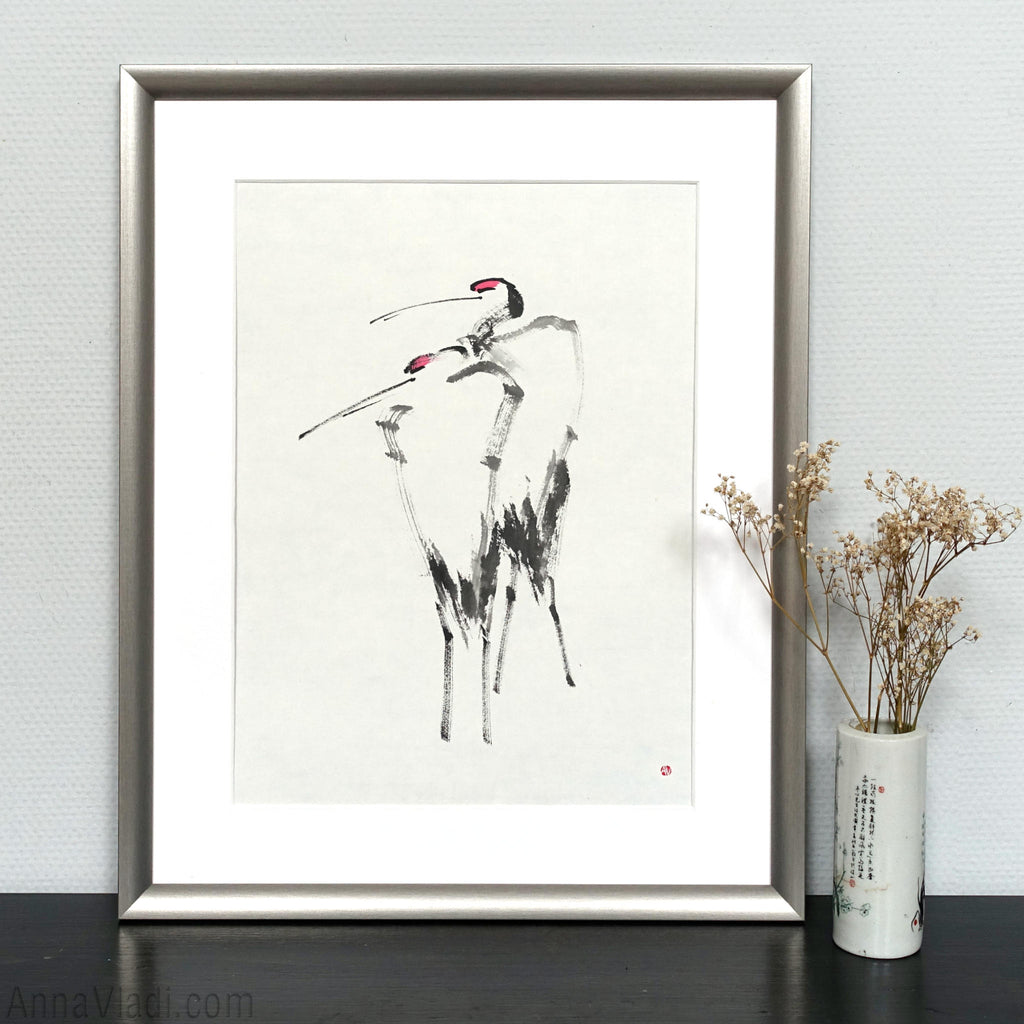 Japanese Crane Couple: Original Minimalist Sumi-e Painting