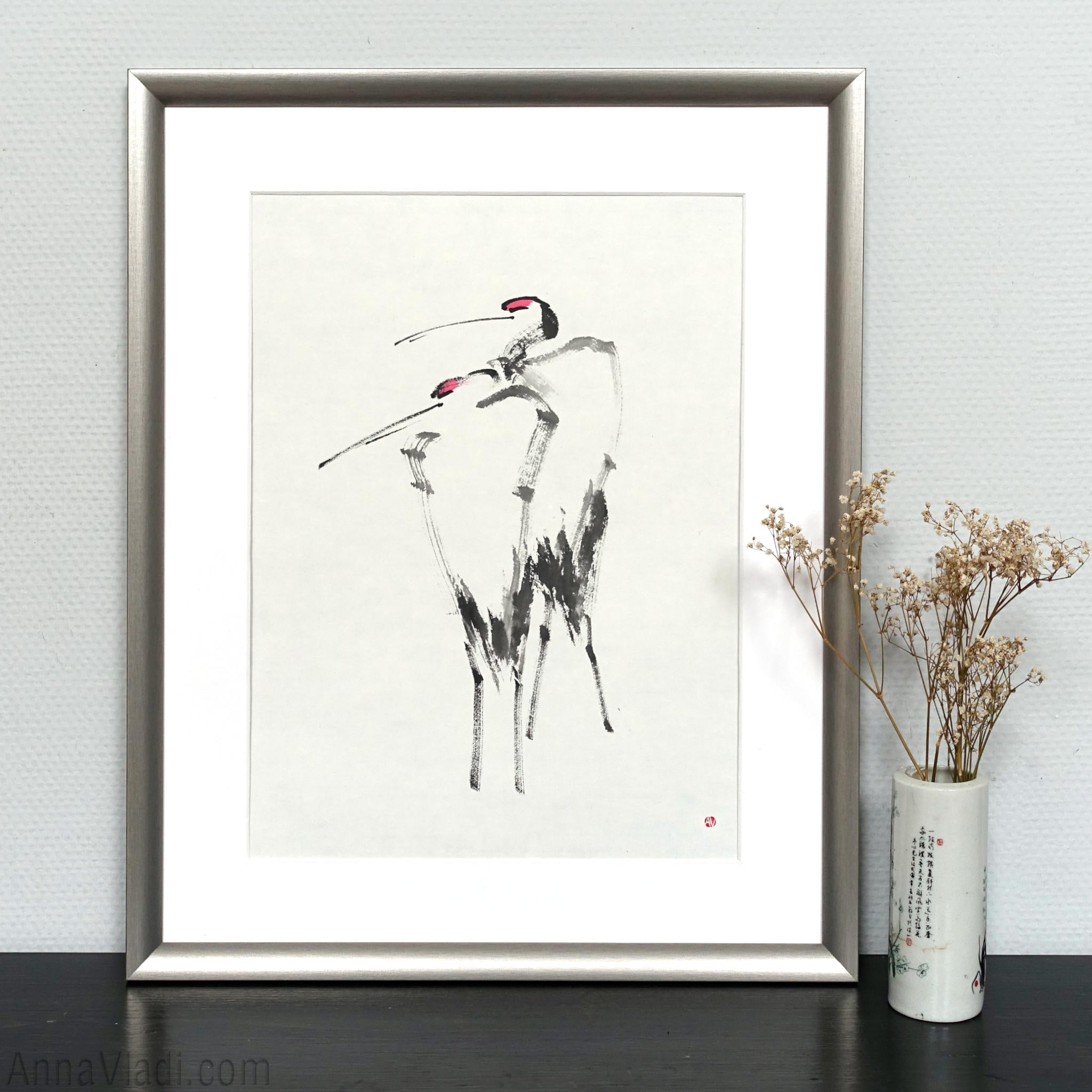 Japanese Crane Couple: Original Minimalist Sumi-e Painting