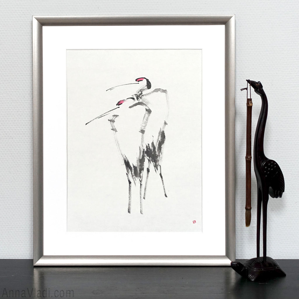 Japanese Crane Couple: Original Minimalist Sumi-e Painting