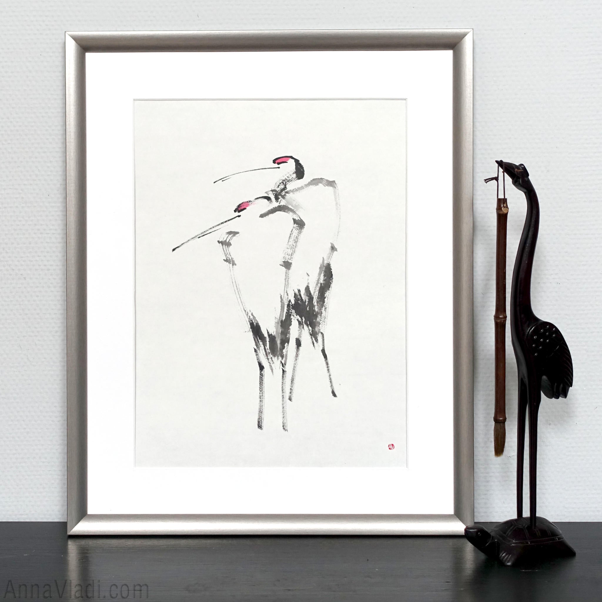 Japanese Crane Couple: Original Minimalist Sumi-e Painting