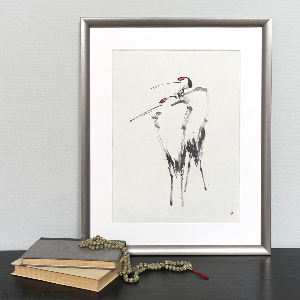 Japanese Crane Couple: Original Minimalist Sumi-e Painting