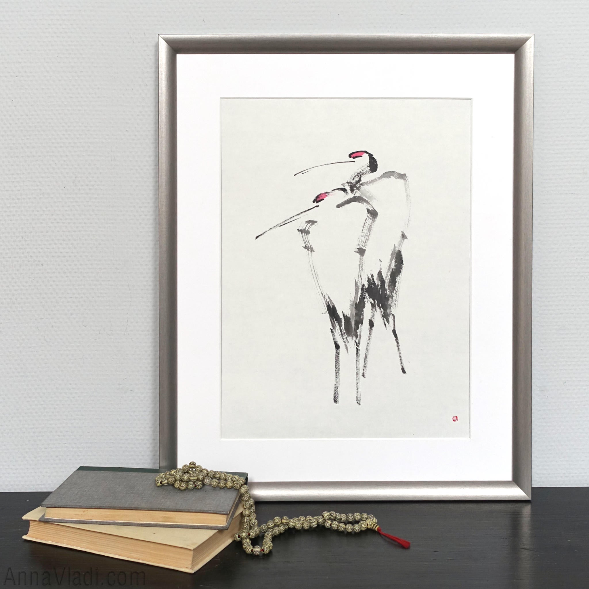 Japanese Crane Couple: Original Minimalist Sumi-e Painting