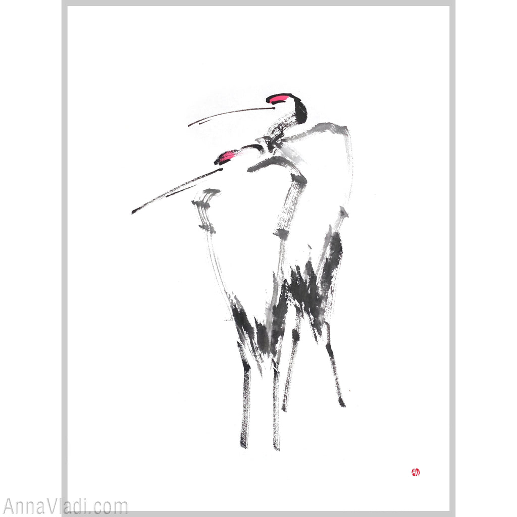 Japanese Crane Couple: Original Minimalist Sumi-e Painting