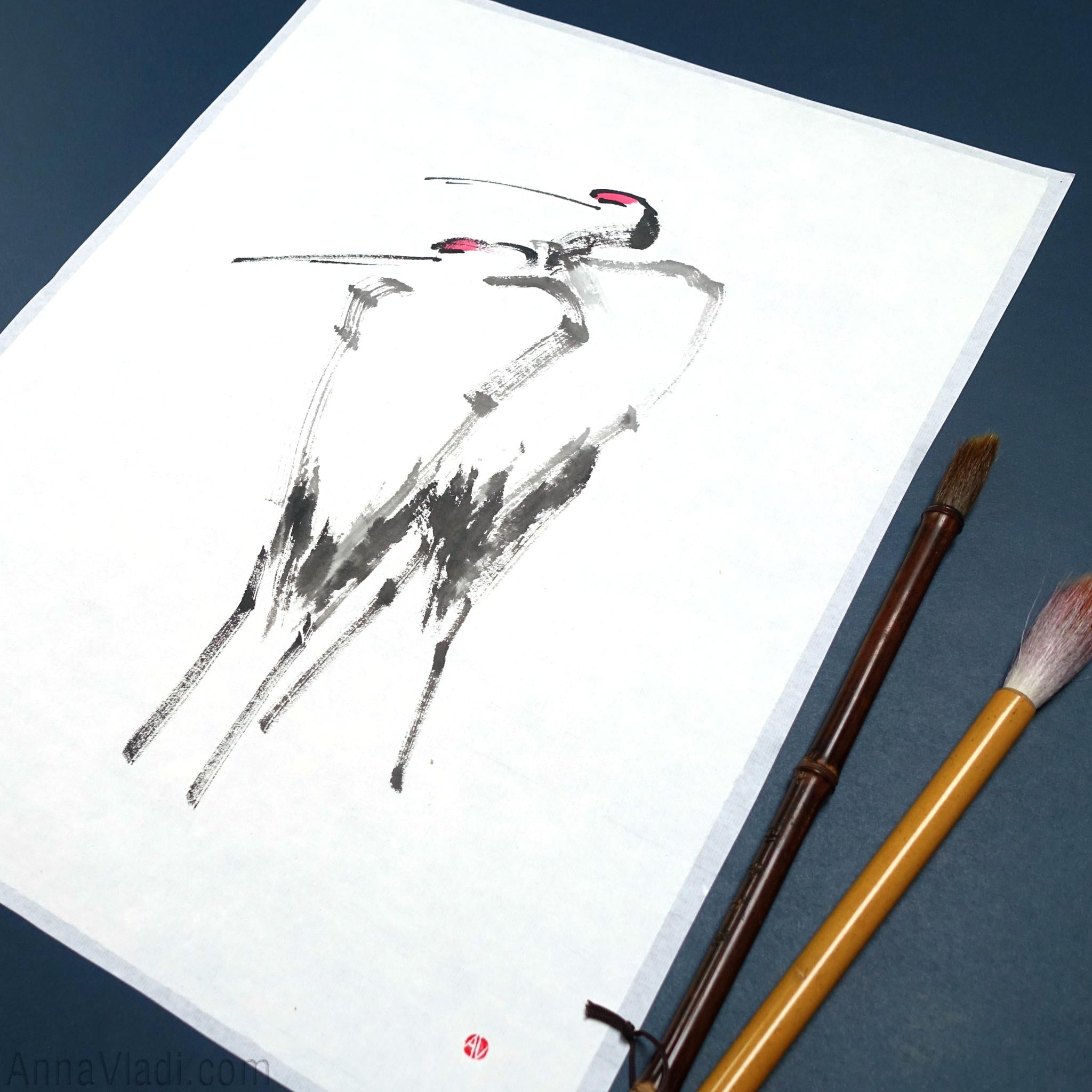 Japanese Crane Couple: Original Minimalist Sumi-e Painting