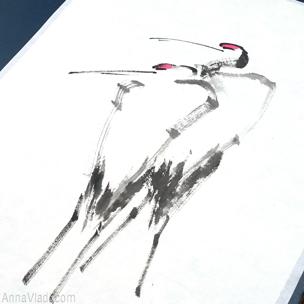 Japanese Crane Couple: Original Minimalist Sumi-e Painting