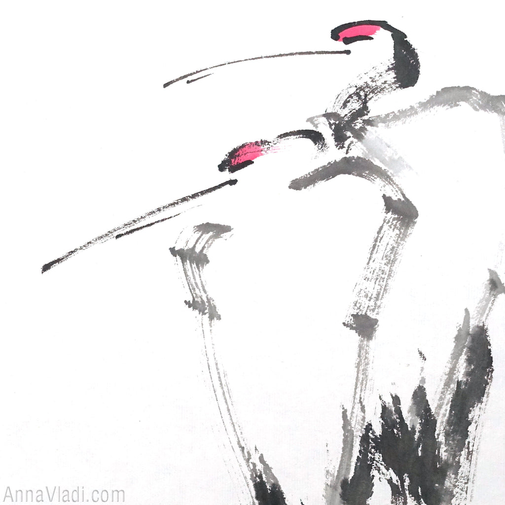 Japanese Crane Couple: Original Minimalist Sumi-e Painting