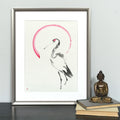 Japanese Crane And A Rising Sun: Original Minimalist Sumi-e Painting
