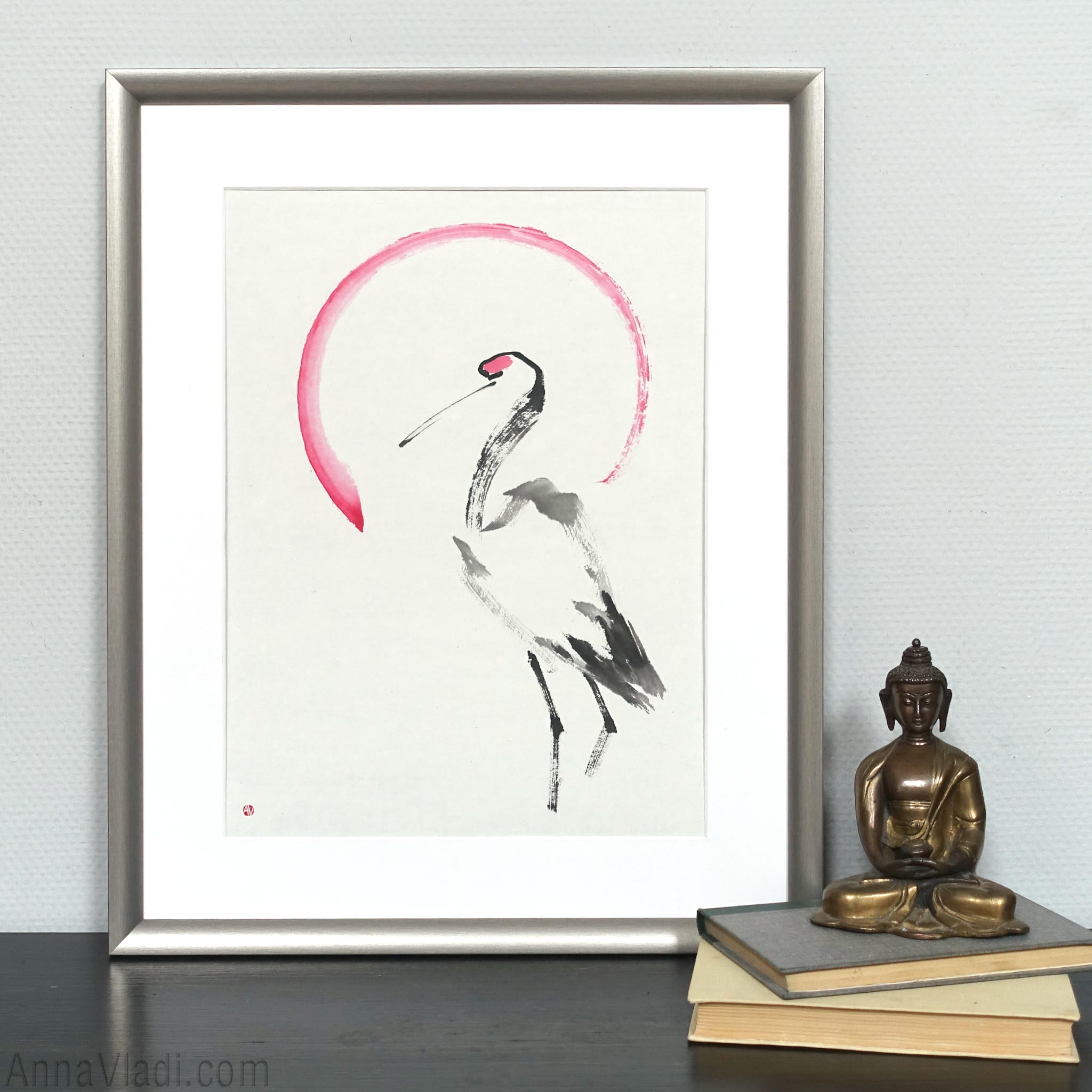 Japanese Crane And A Rising Sun: Original Minimalist Sumi-e Painting