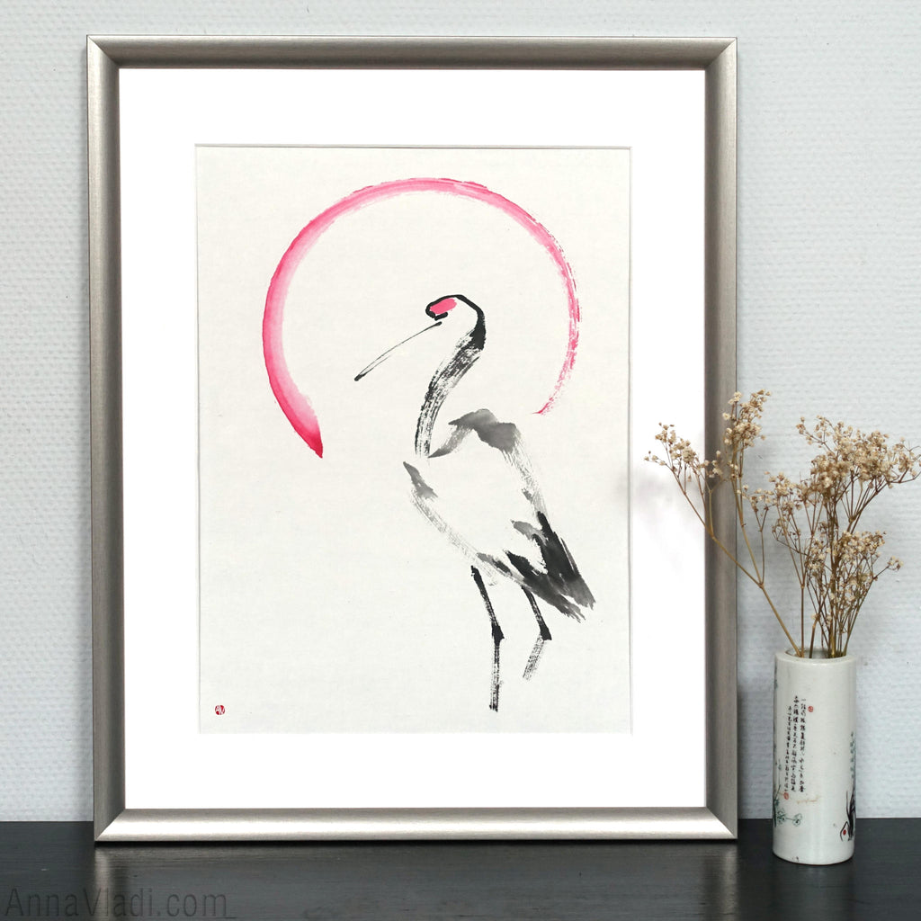 Japanese Crane And A Rising Sun: Original Minimalist Sumi-e Painting
