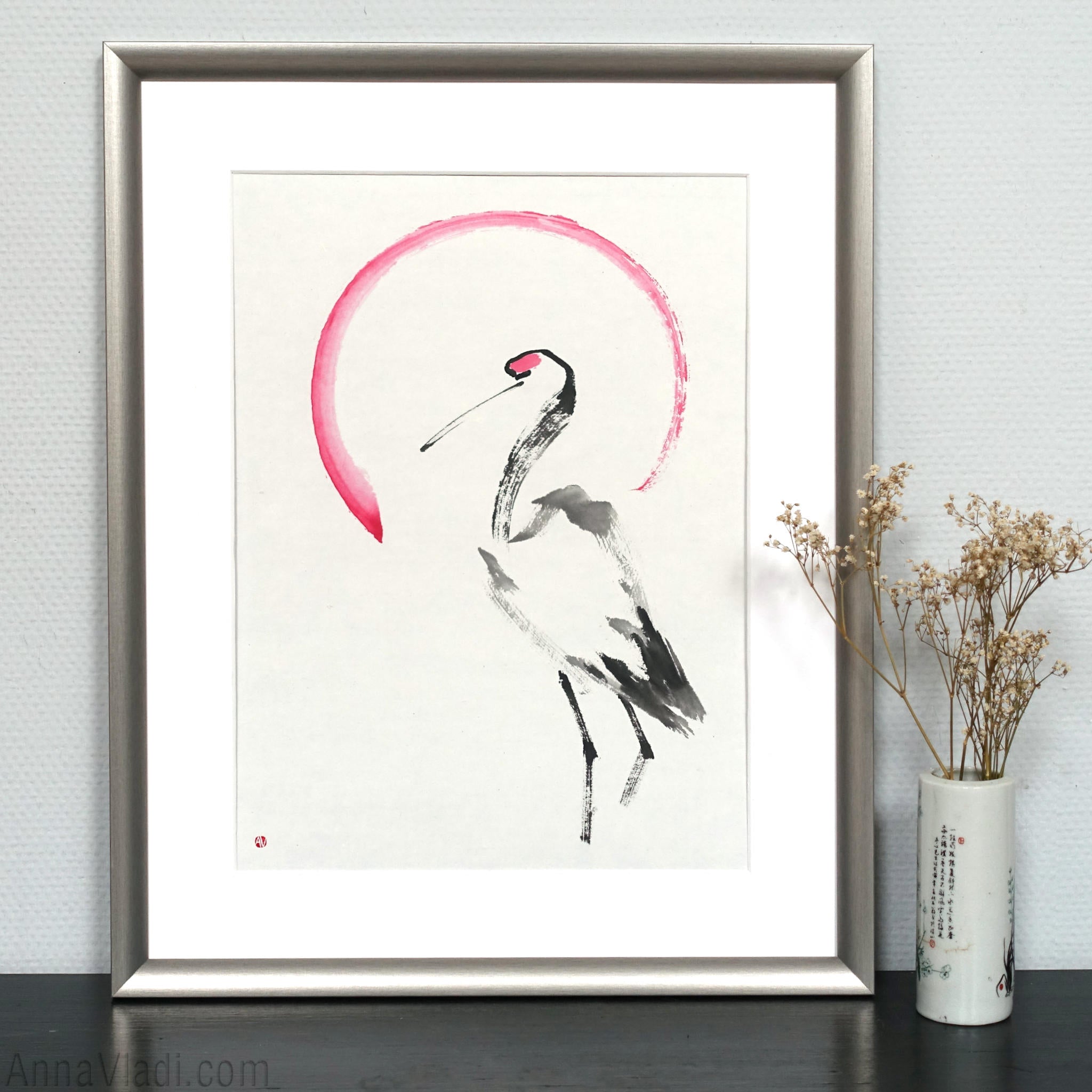 Japanese Crane And A Rising Sun: Original Minimalist Sumi-e Painting