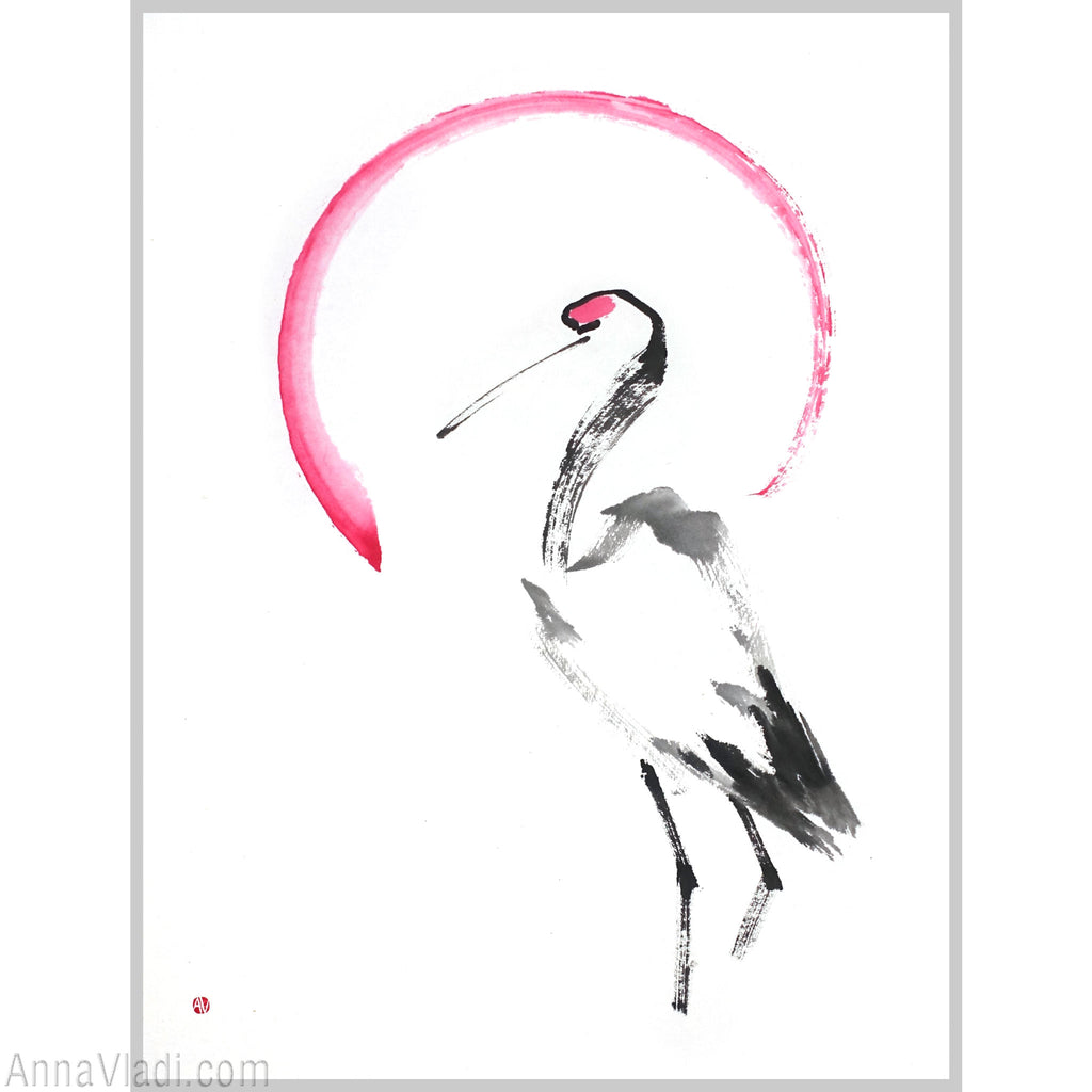 Japanese Crane And A Rising Sun: Original Minimalist Sumi-e Painting