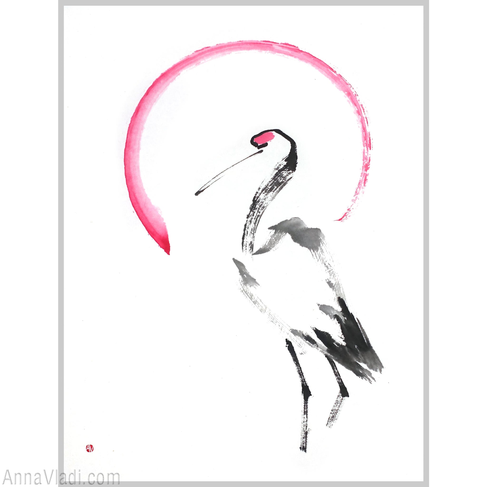 Japanese Crane And A Rising Sun: Original Minimalist Sumi-e Painting