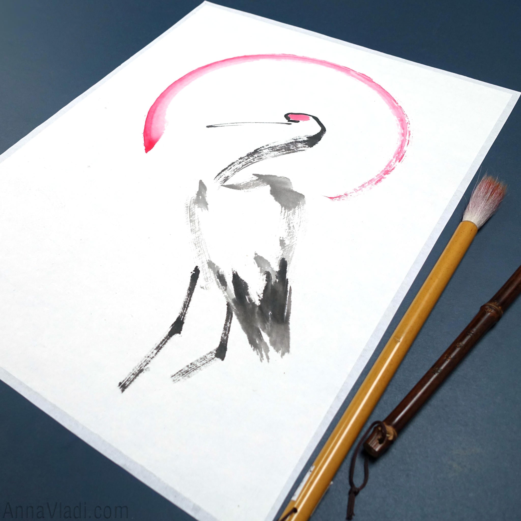 Japanese Crane And A Rising Sun: Original Minimalist Sumi-e Painting