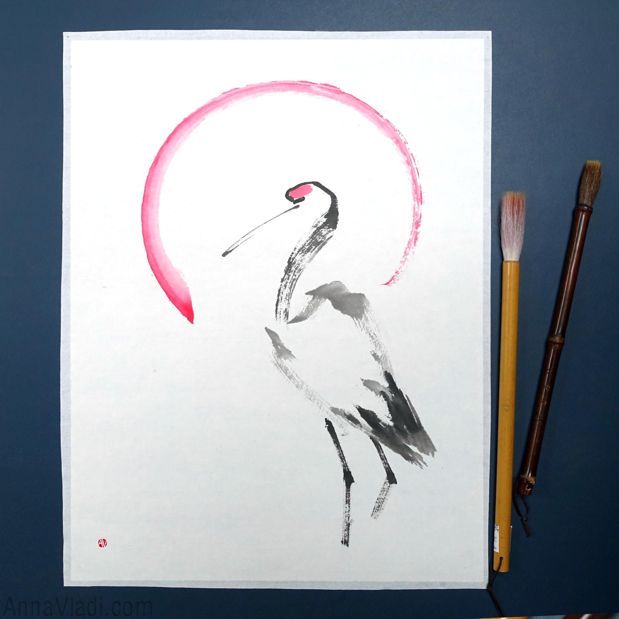 Japanese Crane And A Rising Sun: Original Minimalist Sumi-e Painting