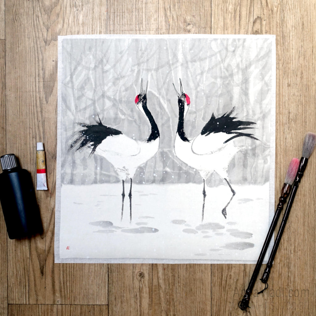 Japanese Crane Painting – Sumi-e Ink Art