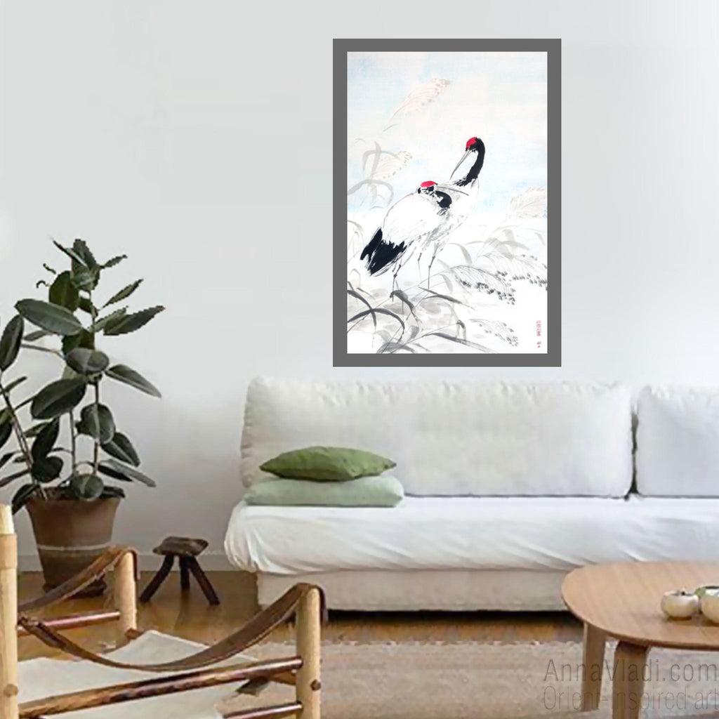 Japanese Crane Sumi-e Painting: Heron Birds Ink Art