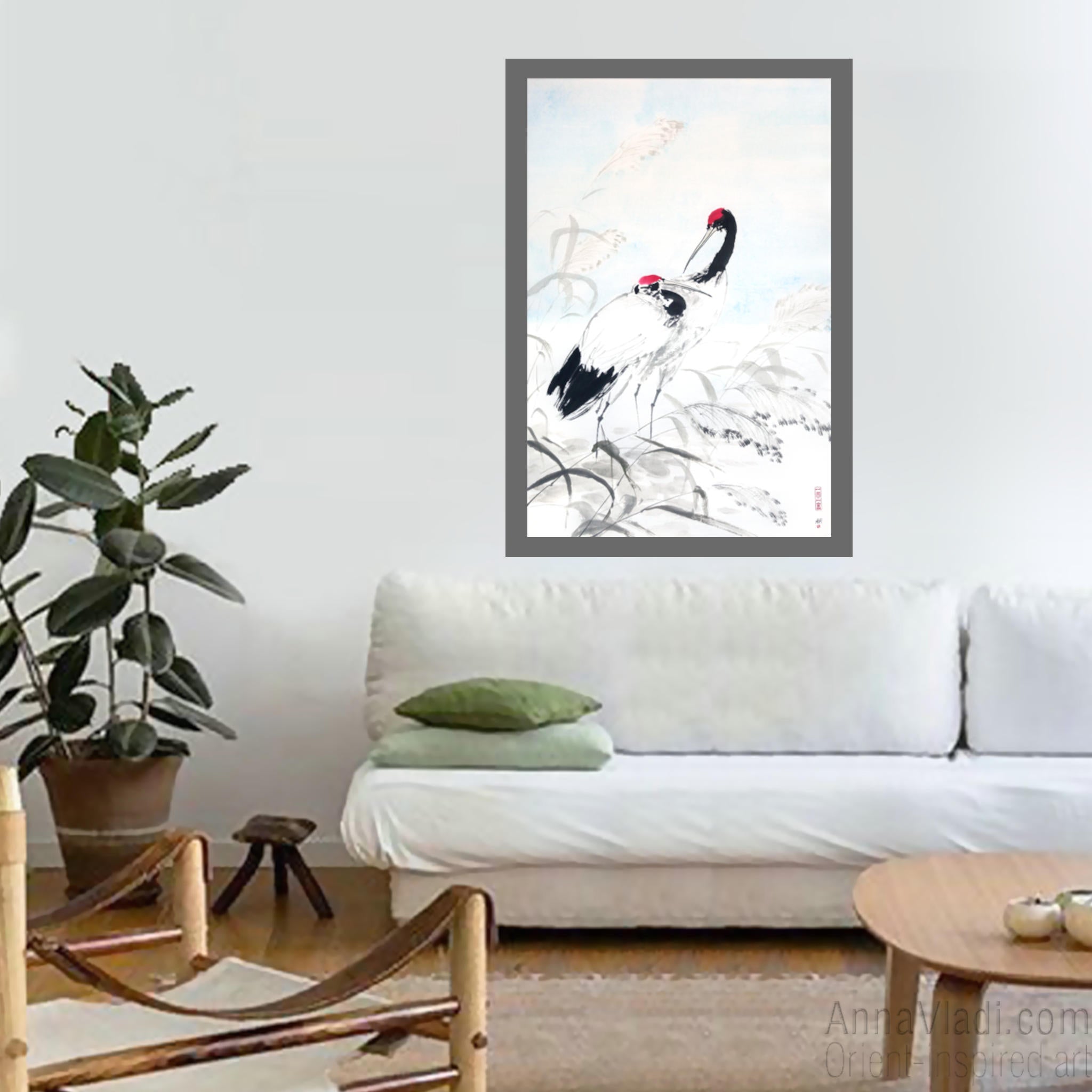 Japanese Crane Sumi-e Painting: Heron Birds Ink Art