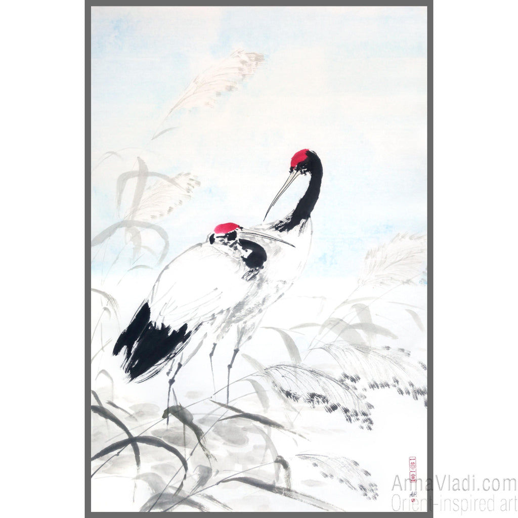 Japanese Crane Sumi-e Painting: Heron Birds Ink Art
