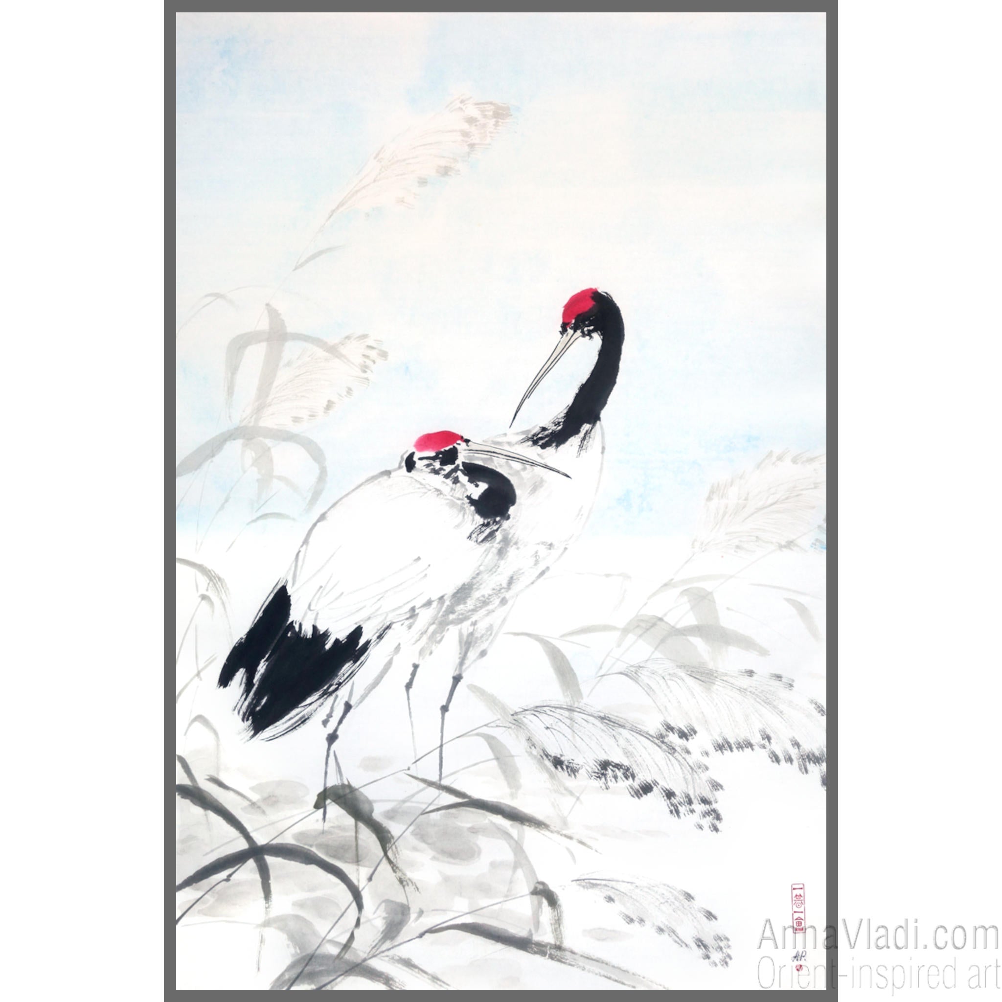 Japanese Crane Sumi-e Painting: Heron Birds Ink Art