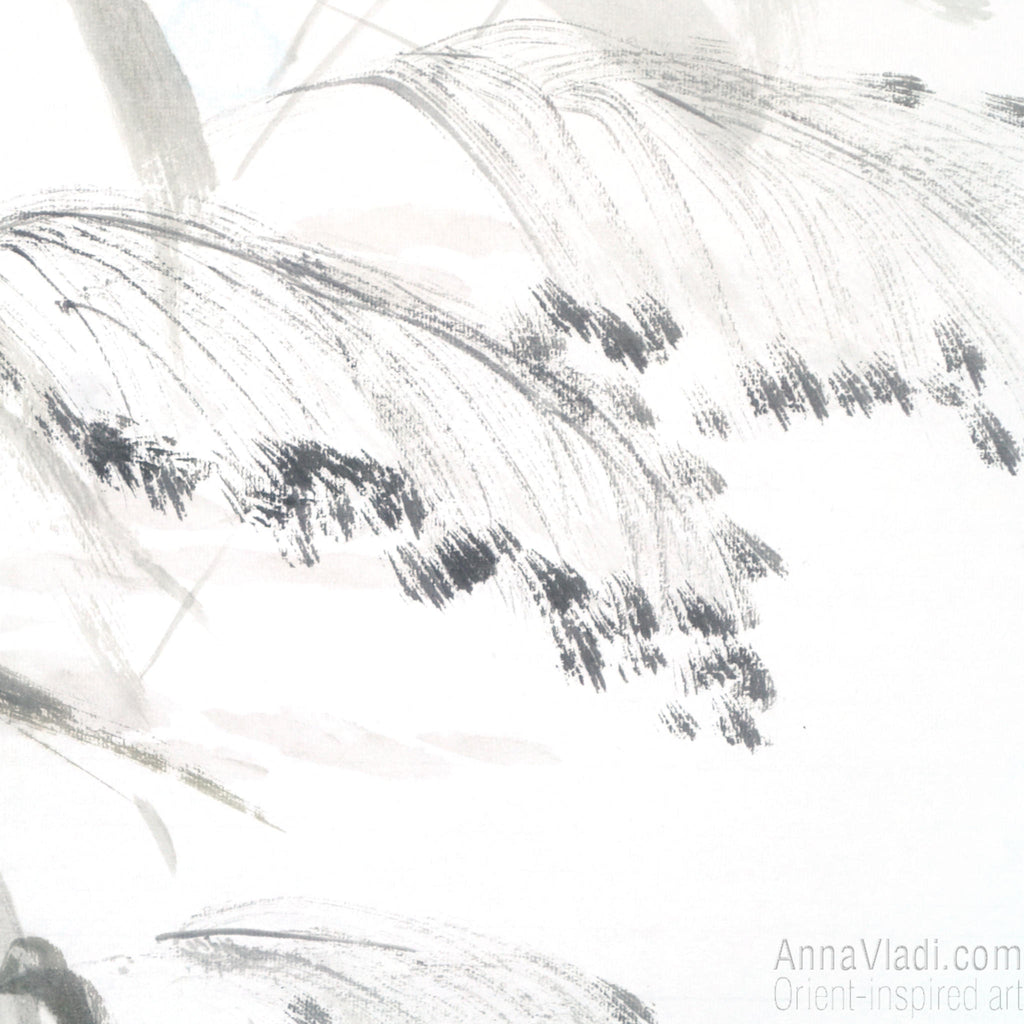 Japanese Crane Sumi-e Painting: Heron Birds Ink Art