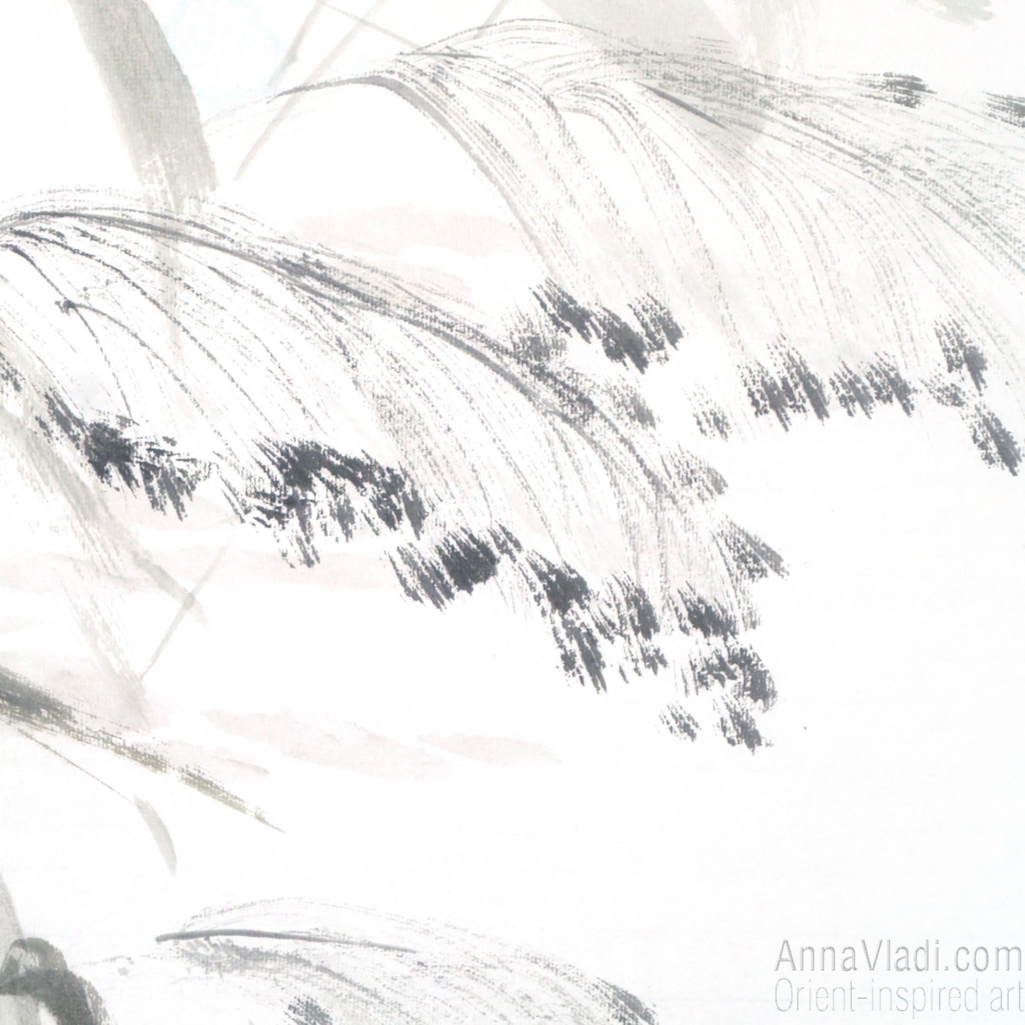 Japanese Crane Sumi-e Painting: Heron Birds Ink Art