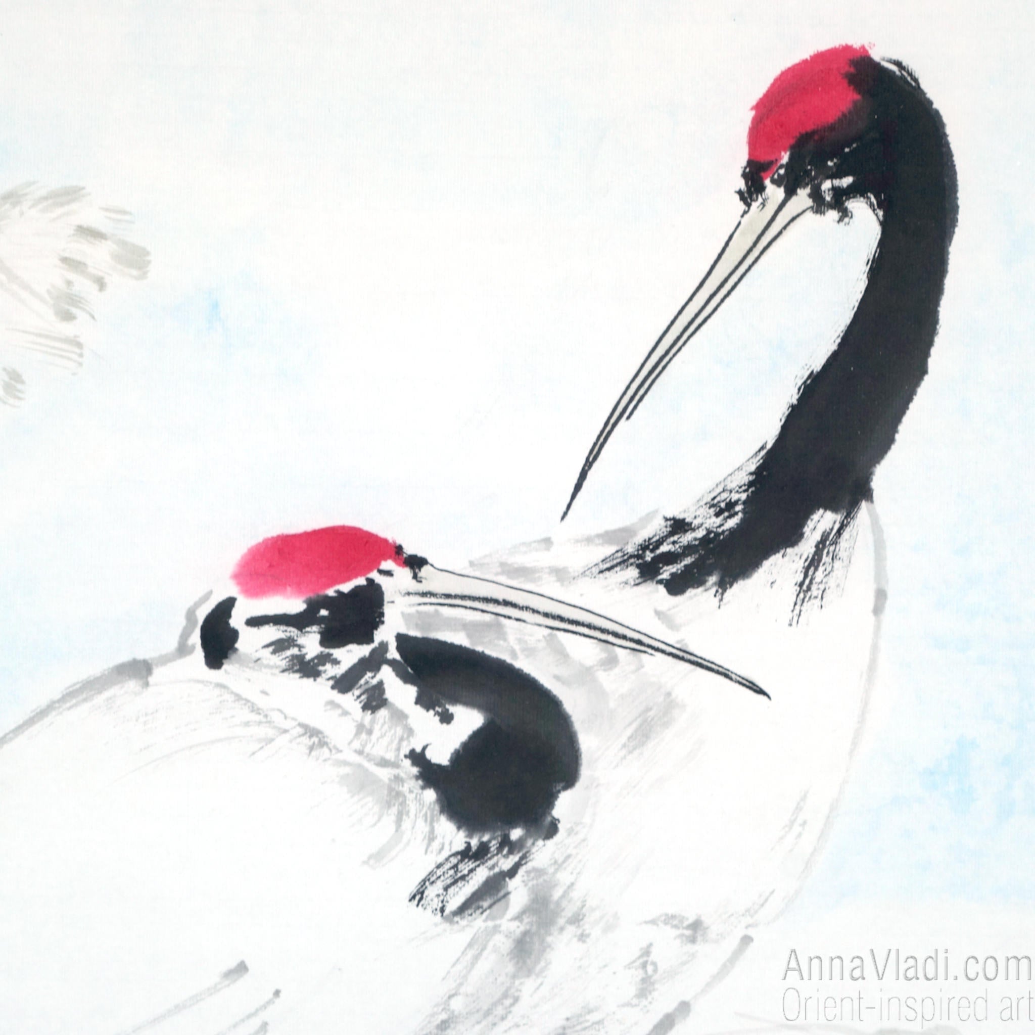 Japanese Crane Sumi-e Painting: Heron Birds Ink Art