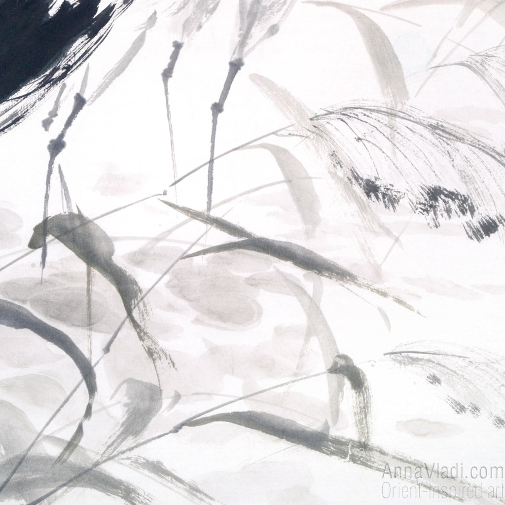 Japanese Crane Sumi-e Painting: Heron Birds Ink Art