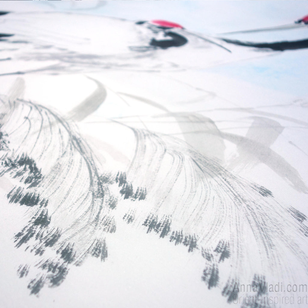 Japanese Crane Sumi-e Painting: Heron Birds Ink Art