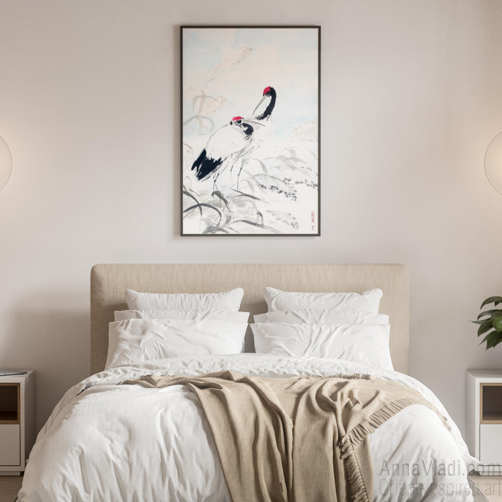 Japanese Crane Sumi-e Painting: Heron Birds Ink Art