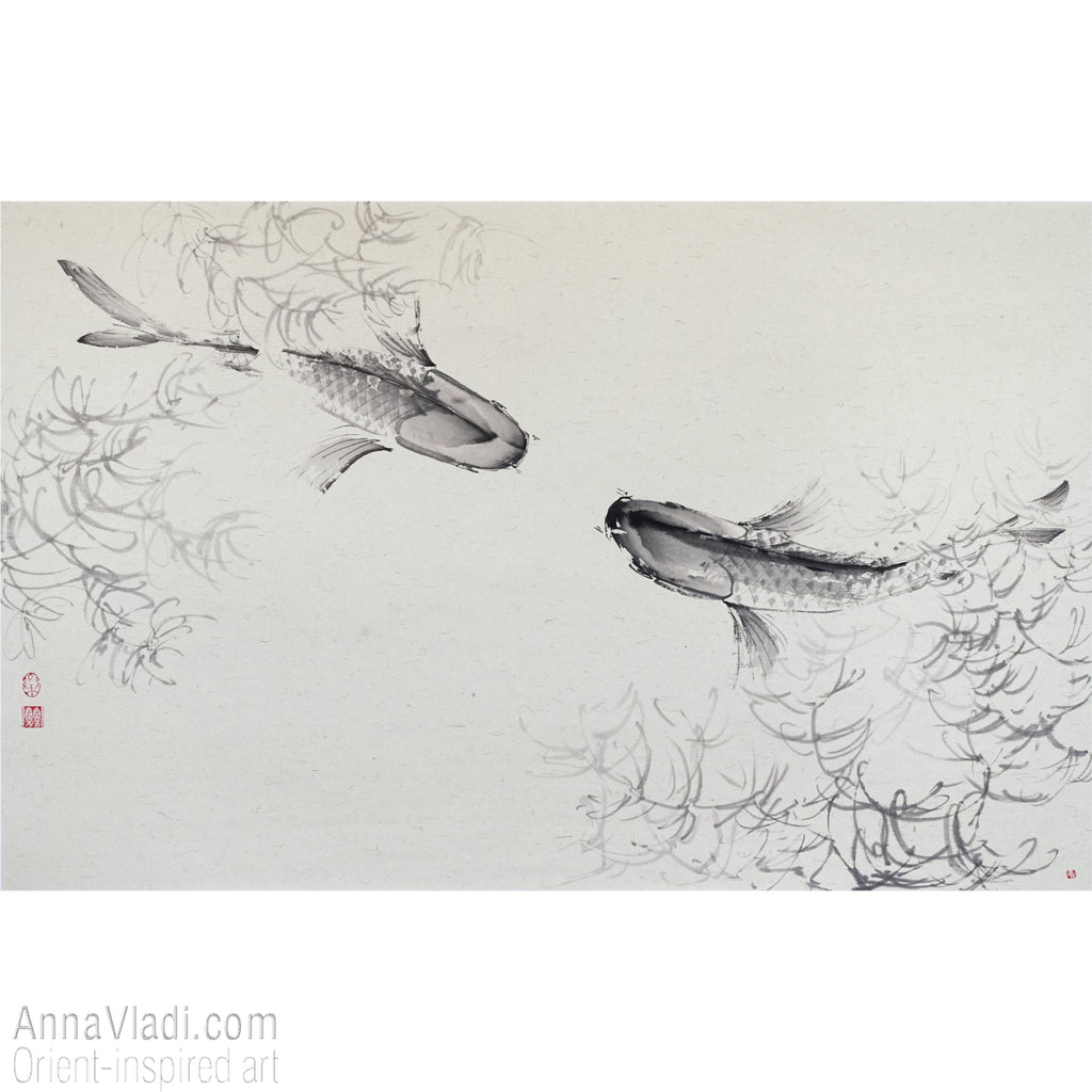 Koi Fish Sumi-e Painting – Original Japanese Ink Art