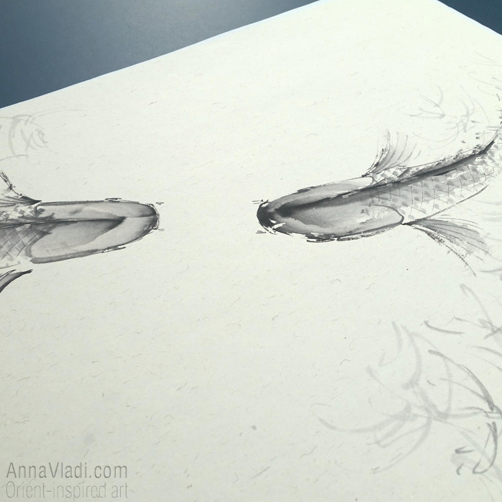 Koi Fish Sumi-e Painting – Original Japanese Ink Art
